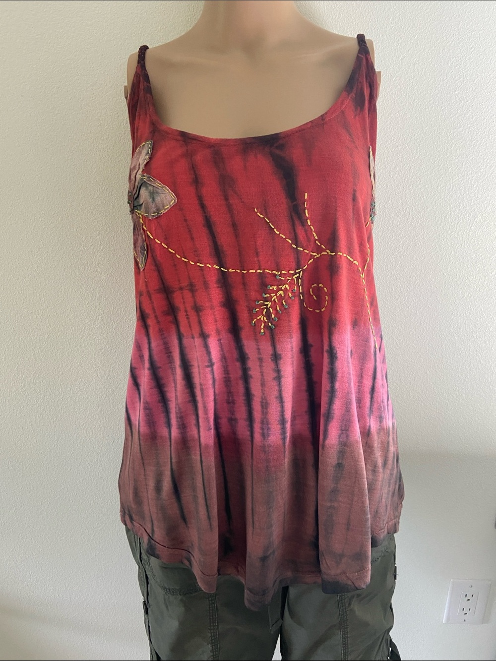 Rising International Boho Red Pink Tie-Dye Embroidered Camisole Sz XL